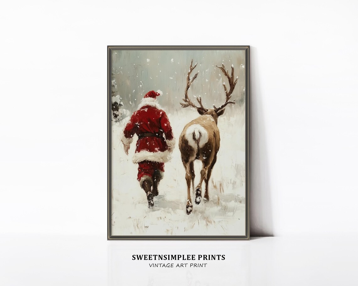 Santa and Reindeer Walking in Snow Poster Vintage Christmas Painting - Image 2