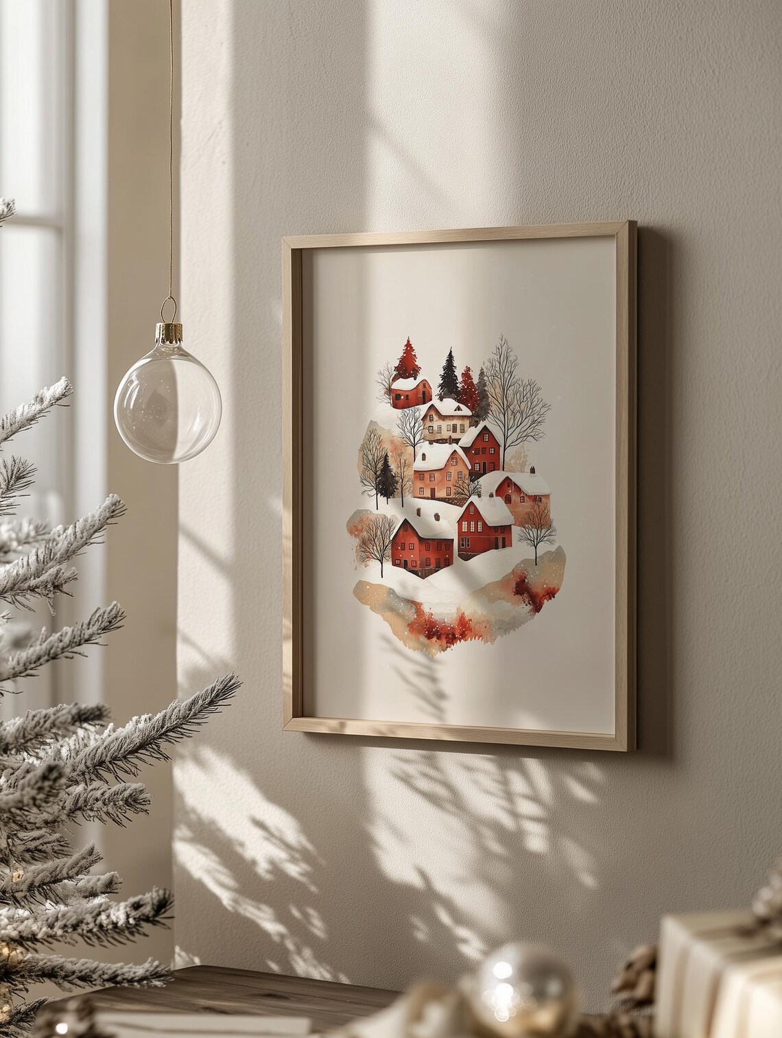 Snowy Village Houses Poster Cozy Red Winter Watercolor Holiday Decor - Image 3