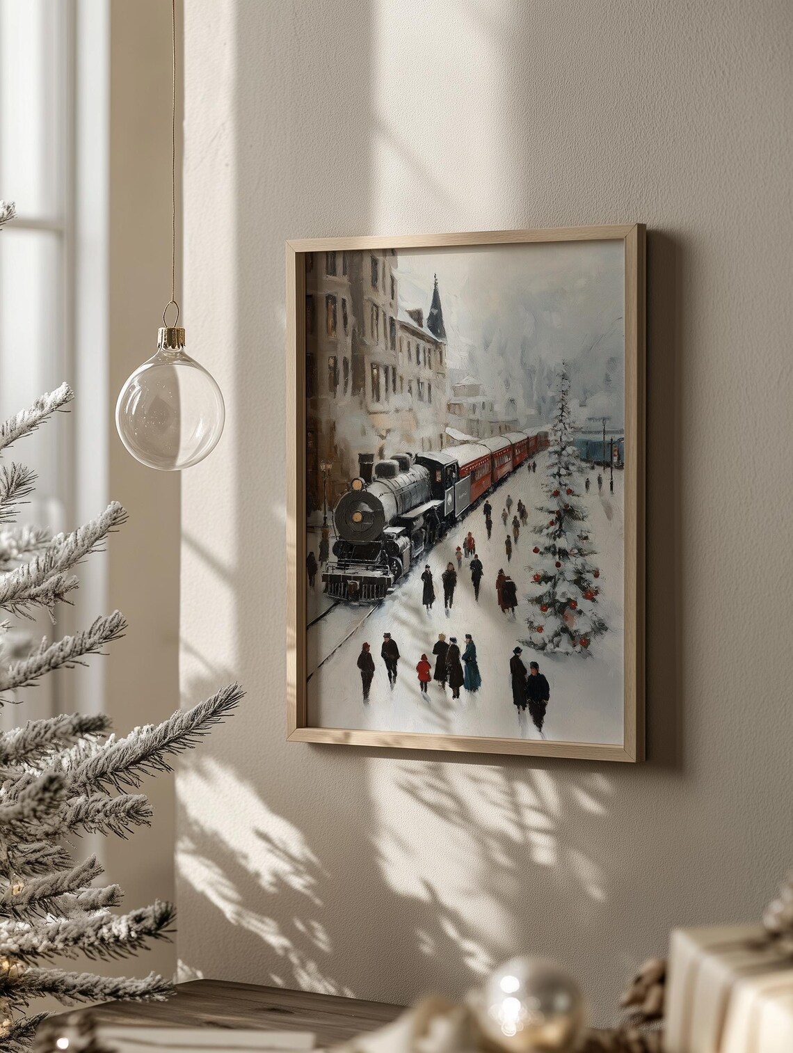 Vintage Snowy Train Station Poster Steam Locomotive Christmas Scene - Image 3