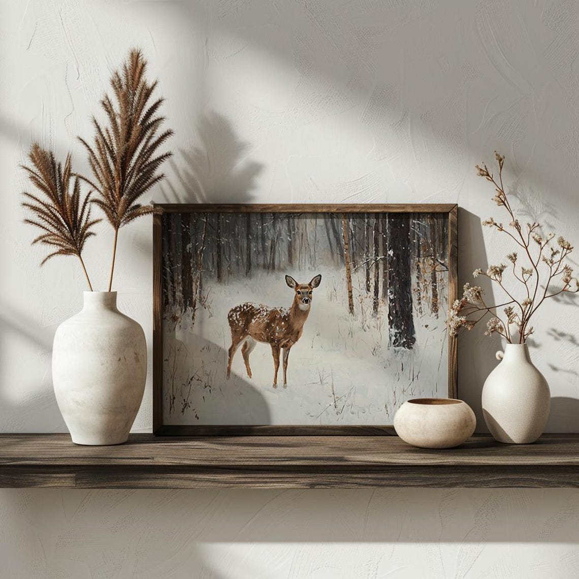 Vintage Deer in Snowy Forest Winter Wildlife Antique Style Wall Art - Image 3