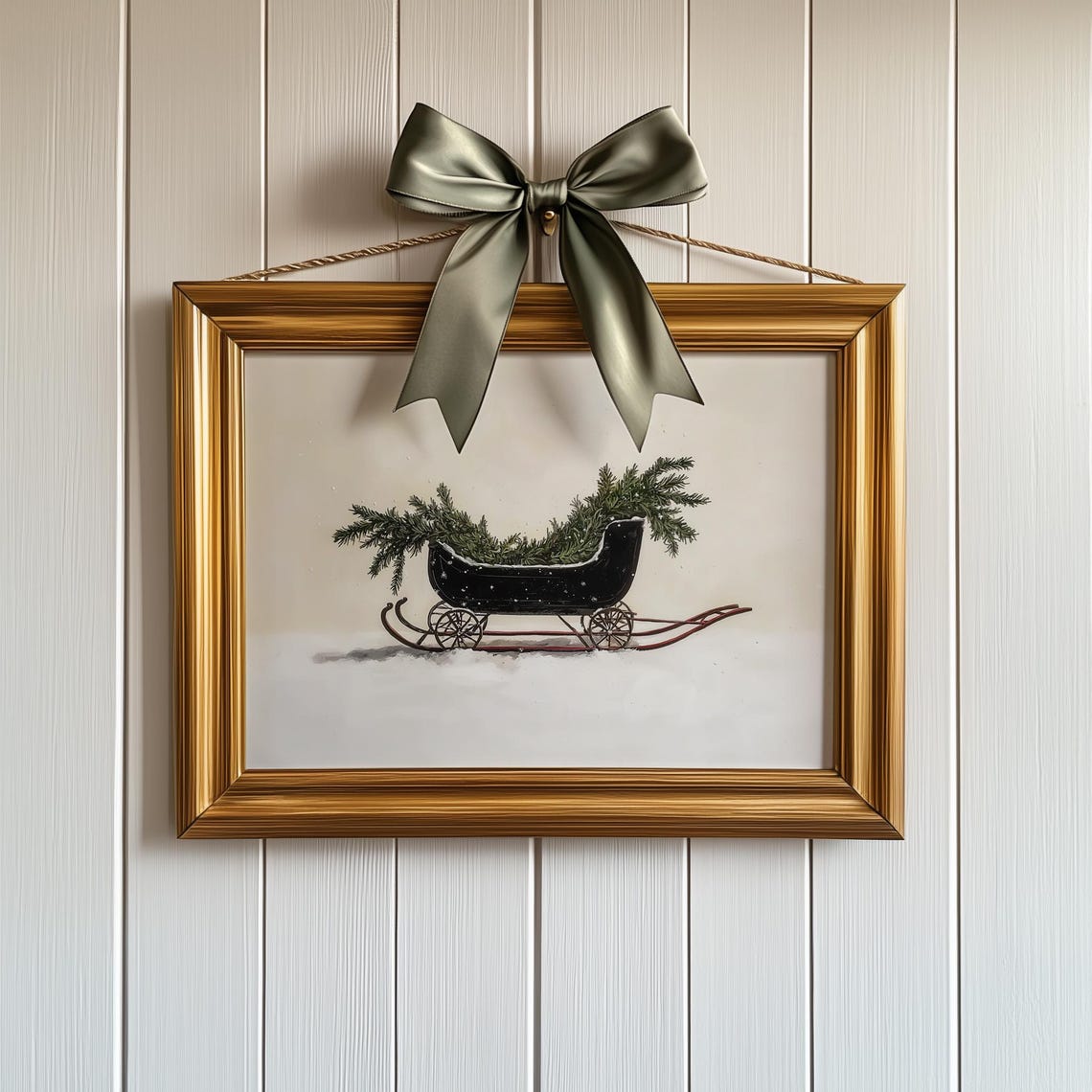 Minimalist Black Sleigh With Greenery on Cream Background Poster - Image 2
