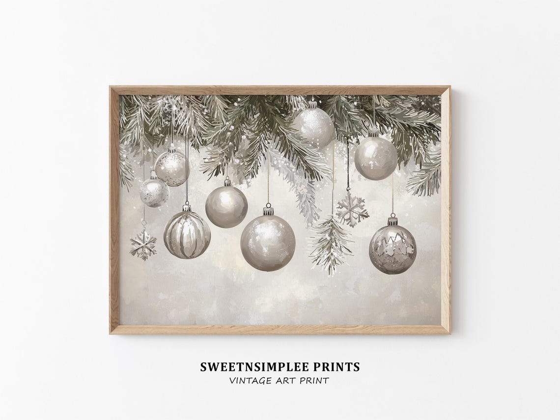 Silver Christmas Baubles Poster Hanging Ornaments Neutral Winter Decor