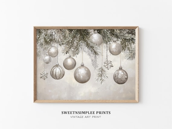 Silver Christmas Baubles Poster Hanging Ornaments Neutral Winter Decor