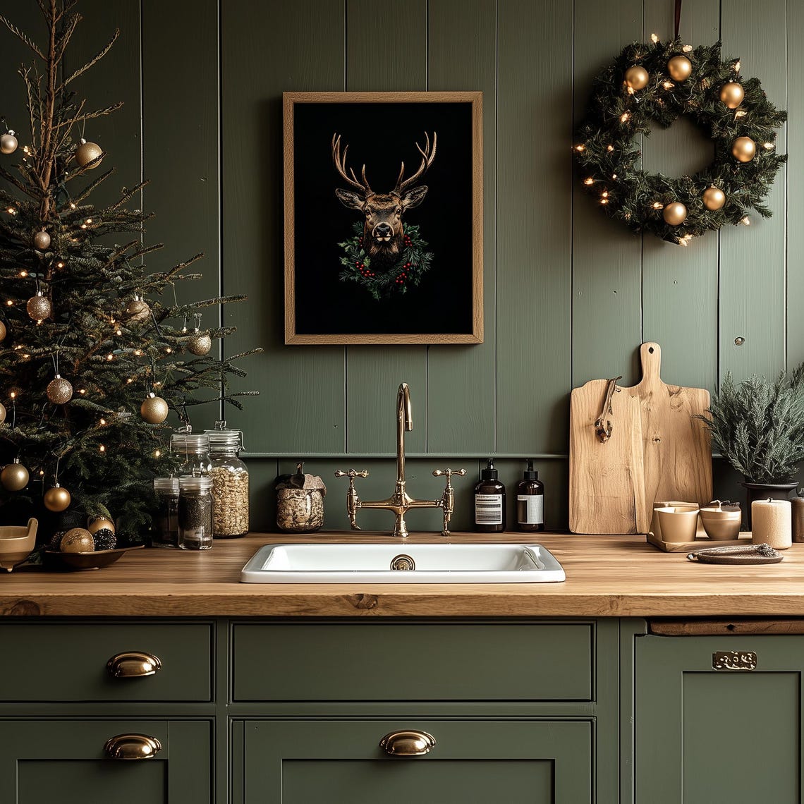Stag Head With Holly Wreath On Black Moody Christmas Art Poster - Image 3
