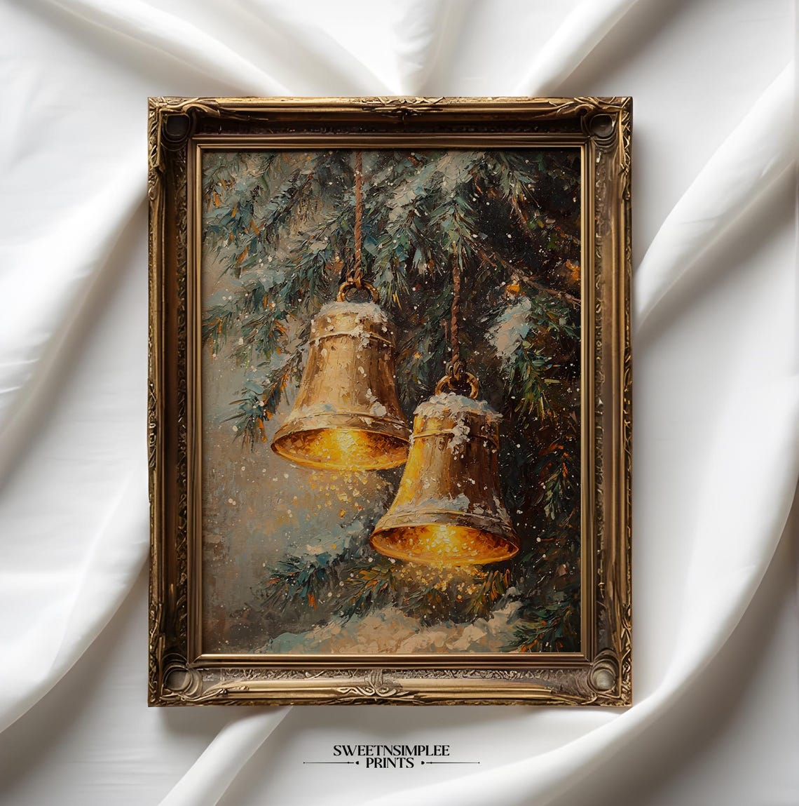 Two Glowing Golden Bells on Snowy Branch Vintage Christmas Poster