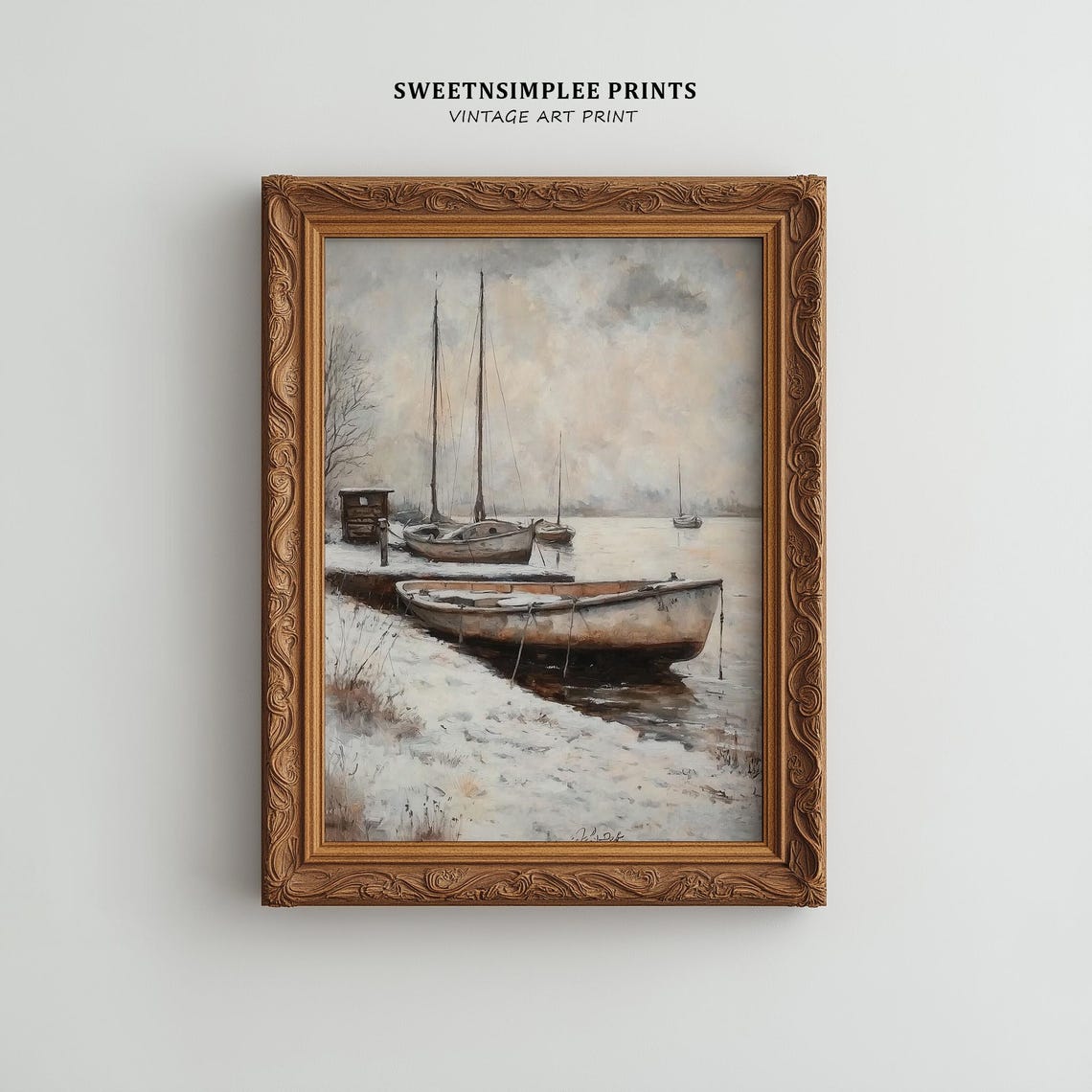 Moody Winter Lakeshore Boats Snowy Shore Gray Coastal Scene Wall Art - Image 2
