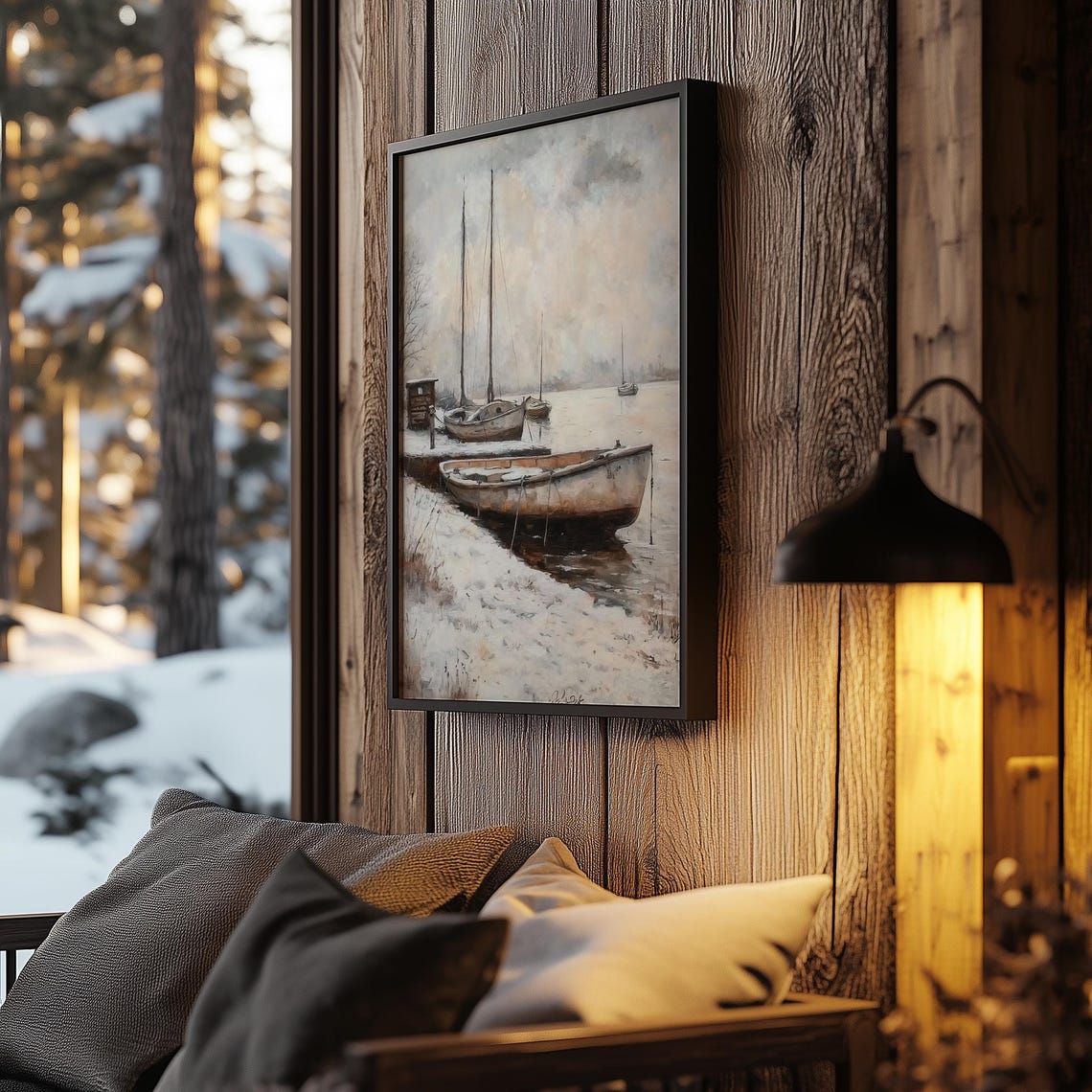 Moody Winter Lakeshore Boats Snowy Shore Gray Coastal Scene Wall Art - Image 3