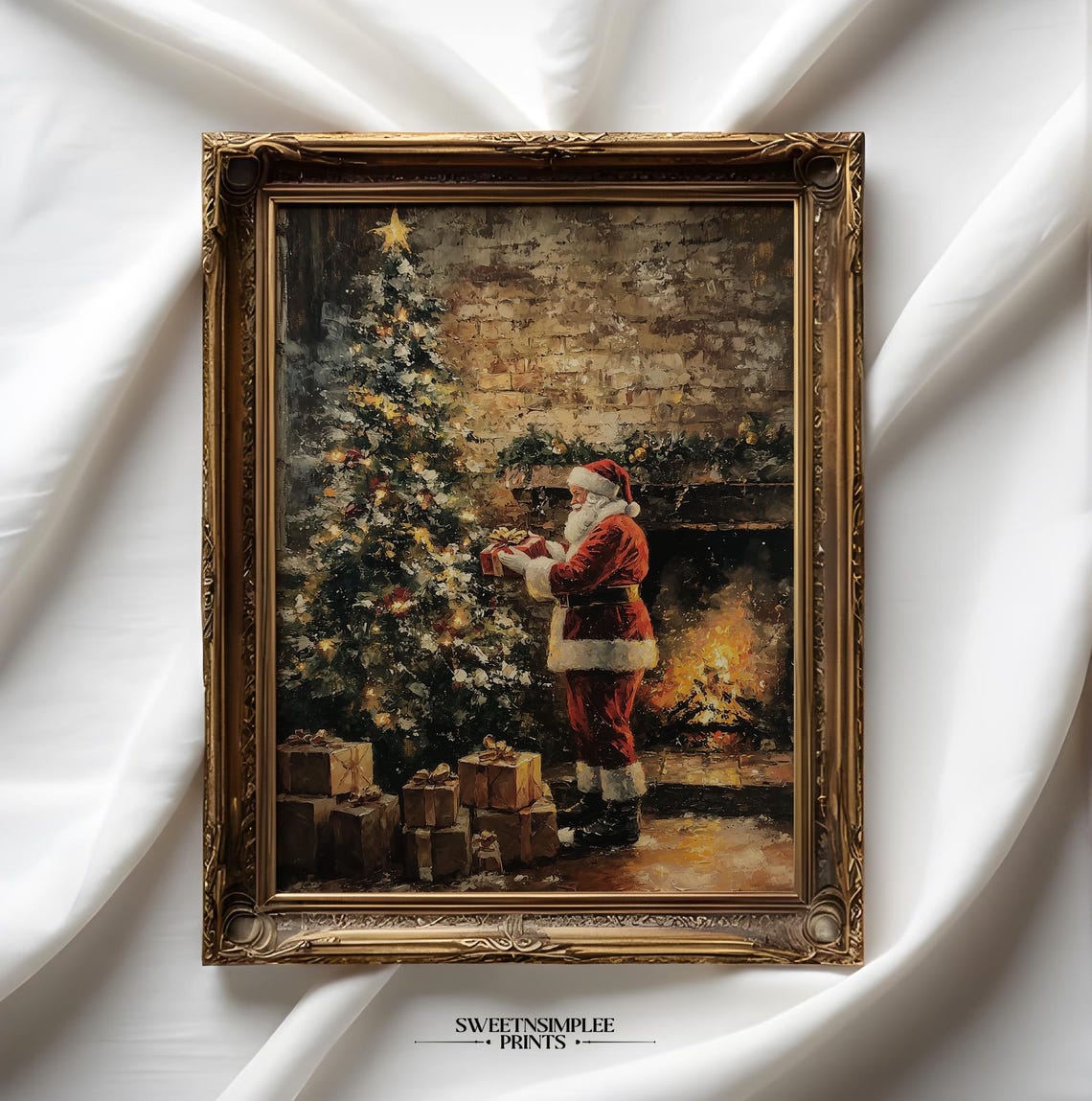 Santa Claus Placing Gifts Under Tree By Fireplace Vintage Poster