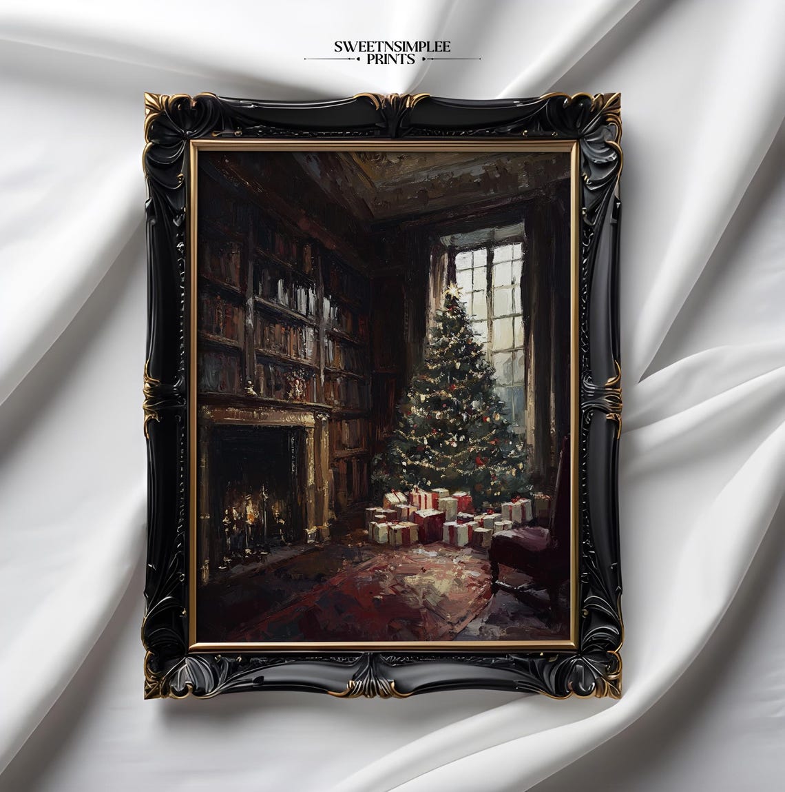 Cozy Library With Christmas Tree Gifts And Fireplace Oil Poster - Image 2