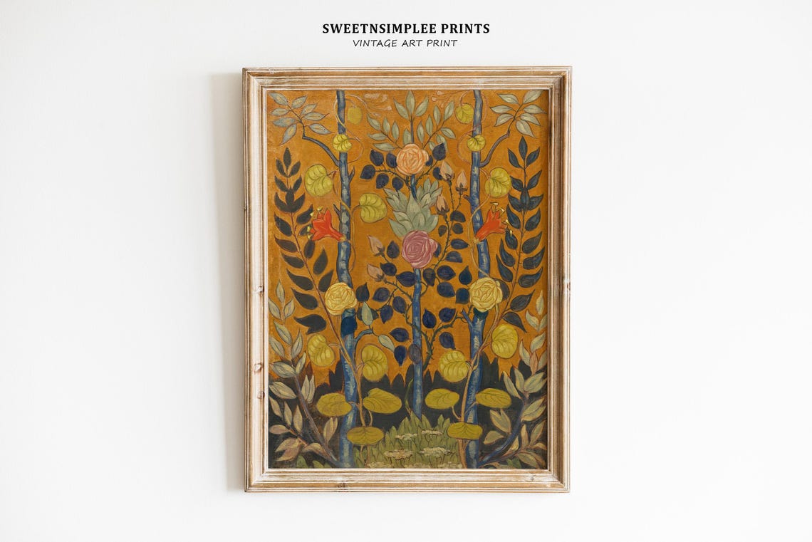 Vintage Folk Art Botanical Stylized Floral Trees Gold Antique Wall Art