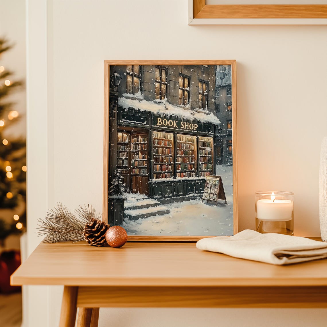 Cozy Vintage Book Shop Storefront in Snowy Evening Winter Poster - Image 3