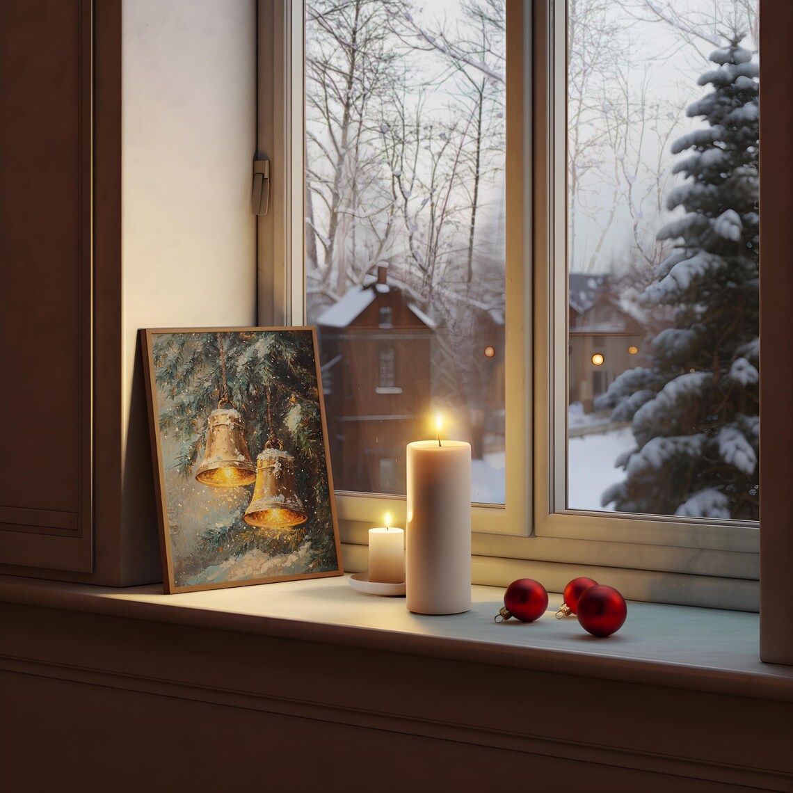 Two Glowing Golden Bells on Snowy Branch Vintage Christmas Poster - Image 3