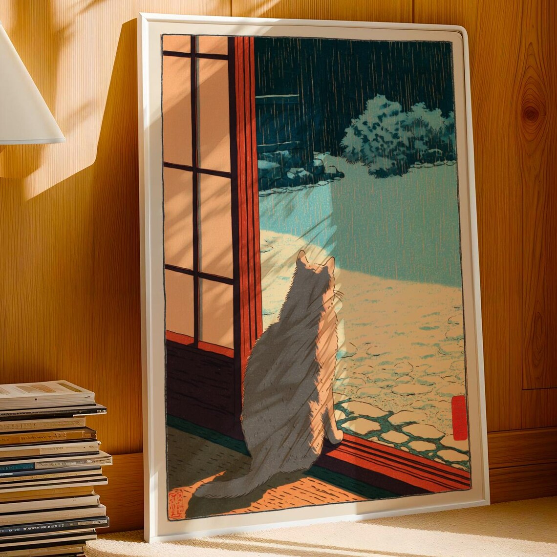 Japanese Cat Watching Rain Japandi Style Cozy Window Art Poster