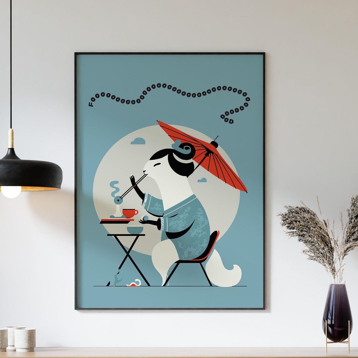 Cat In Kimono Eating Chopsticks Fun Japanese Kitchen Wall Art
