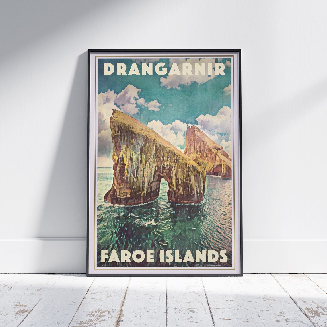 Drangarnir Faroe Islands Sea Arch Rock Retro Travel Wall Poster