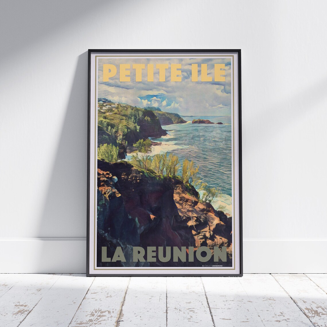 Petite Ile La Reunion Volcanic Coastline Waves Vintage Travel Poster
