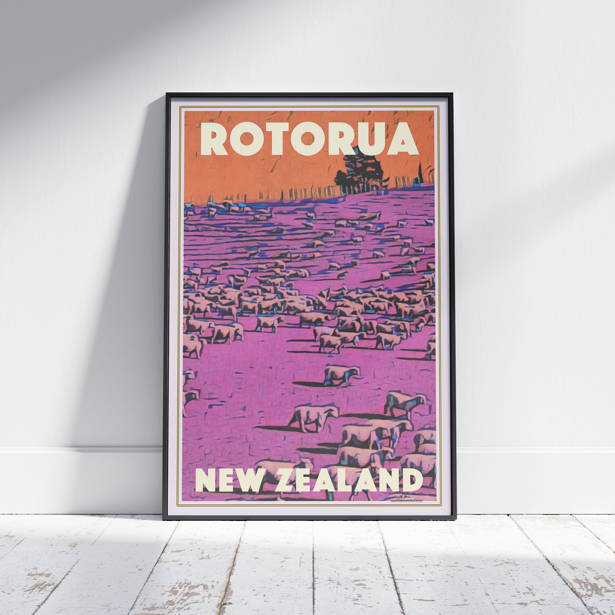Rotorua New Zealand Retro Travel Poster Sheep Pasture Sunset Art