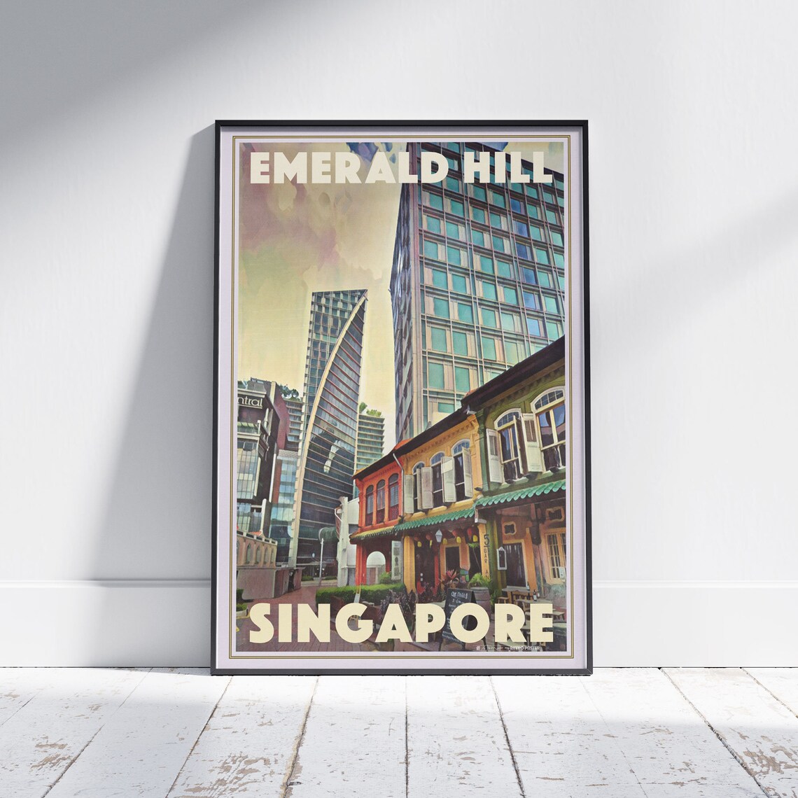 Singapore Emerald Hill Shophouses Skyscrapers Retro Travel Art Poster