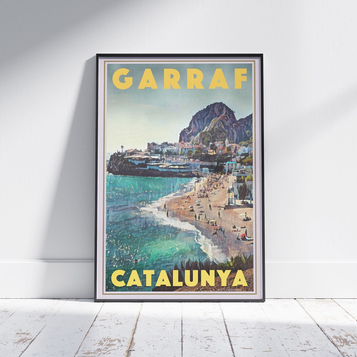 Garraf Catalunya Spain Turquoise Beach Cliffs Retro Travel Poster