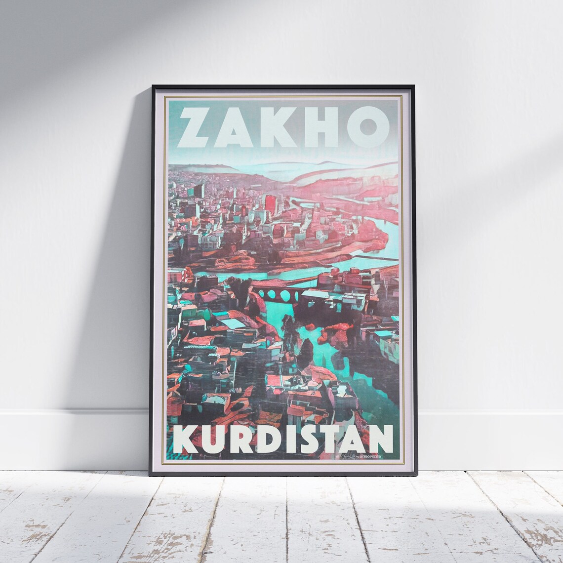 Zakho Kurdistan Vintage Travel Poster Riverside City Aerial View Art
