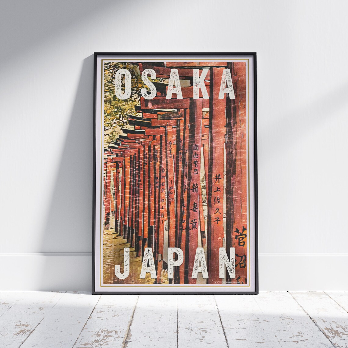 Osaka Vermilion Torii Gates Shrine Corridor Japan Travel Poster