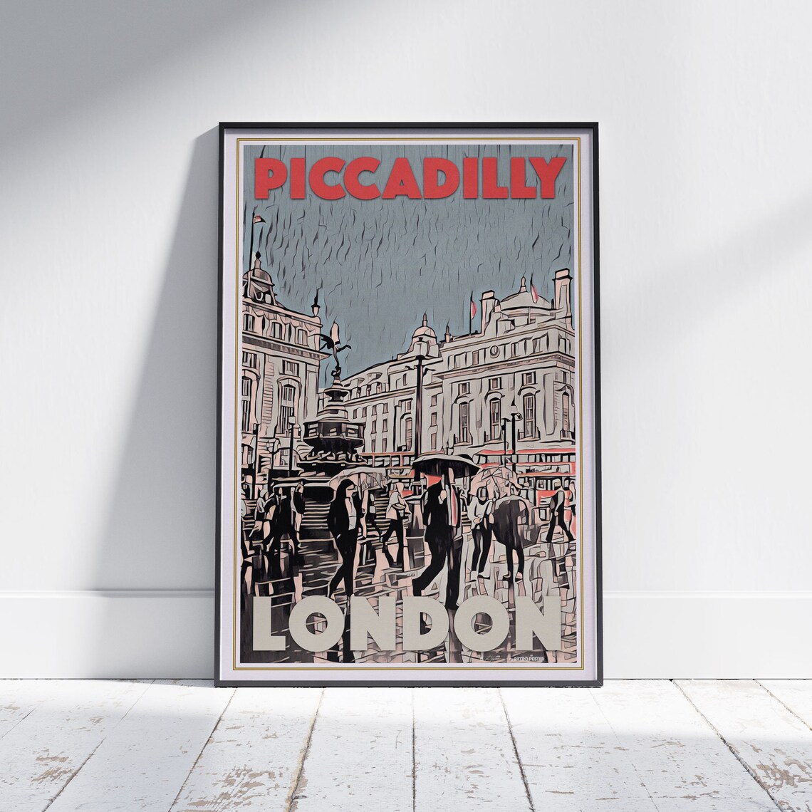 London Piccadilly Circus Rainy Street Umbrellas Vintage Travel Poster