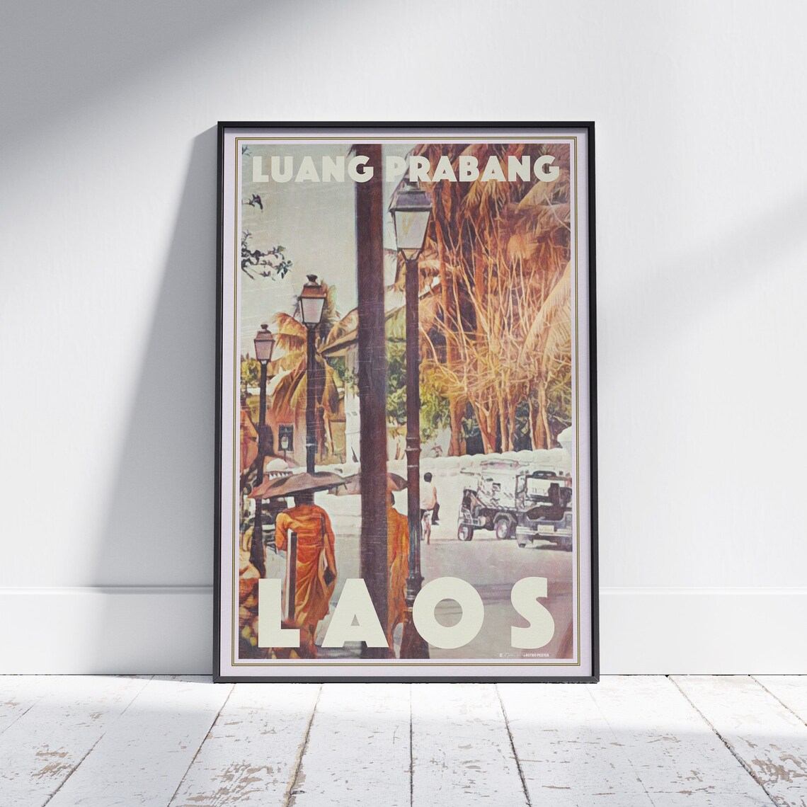 Luang Prabang Monks Street Lamp Lit Vintage Laos Travel Poster