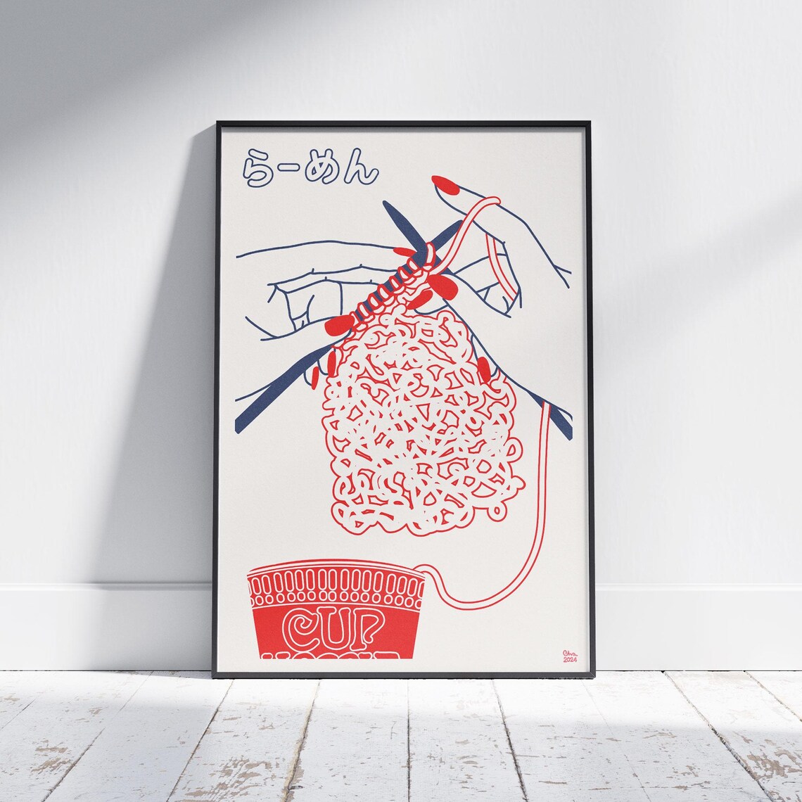Ramen Knitting Playful Japanese Line Art Cup Noodles Kitchen Poster