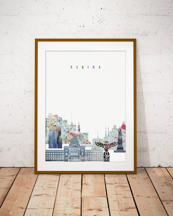 Colorful Prairie Regina Watercolor Skyline Totem Decor Poster