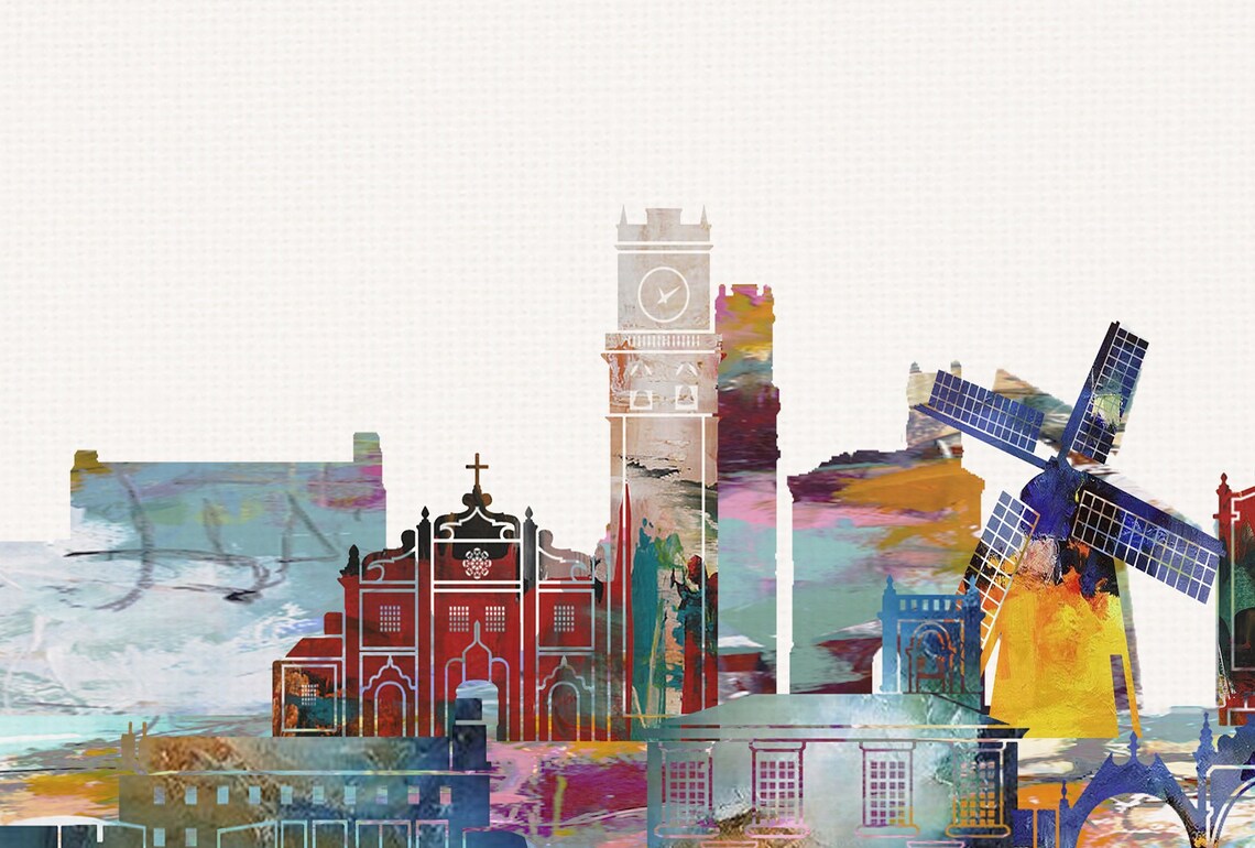 Ponta Delgada Azores Windmill Watercolor Skyline Art Modern Home Decor Poster - Image 2