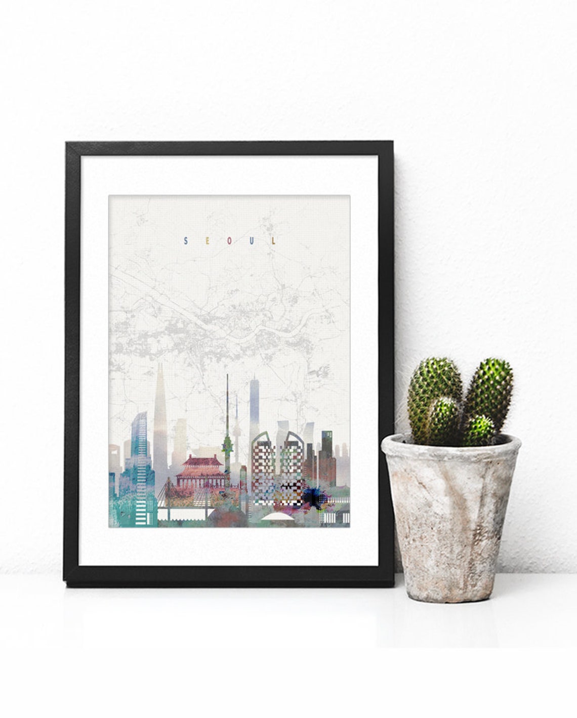 Seoul South Korea Watercolor Skyline Map Landmarks Cityscape Poster - Image 2