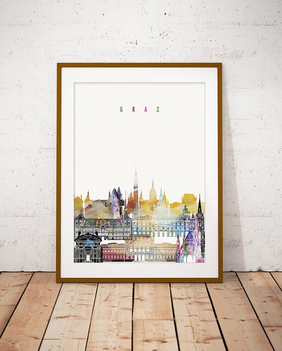 Graz Austria Colorful Watercolor City Skyline Landmarks Poster