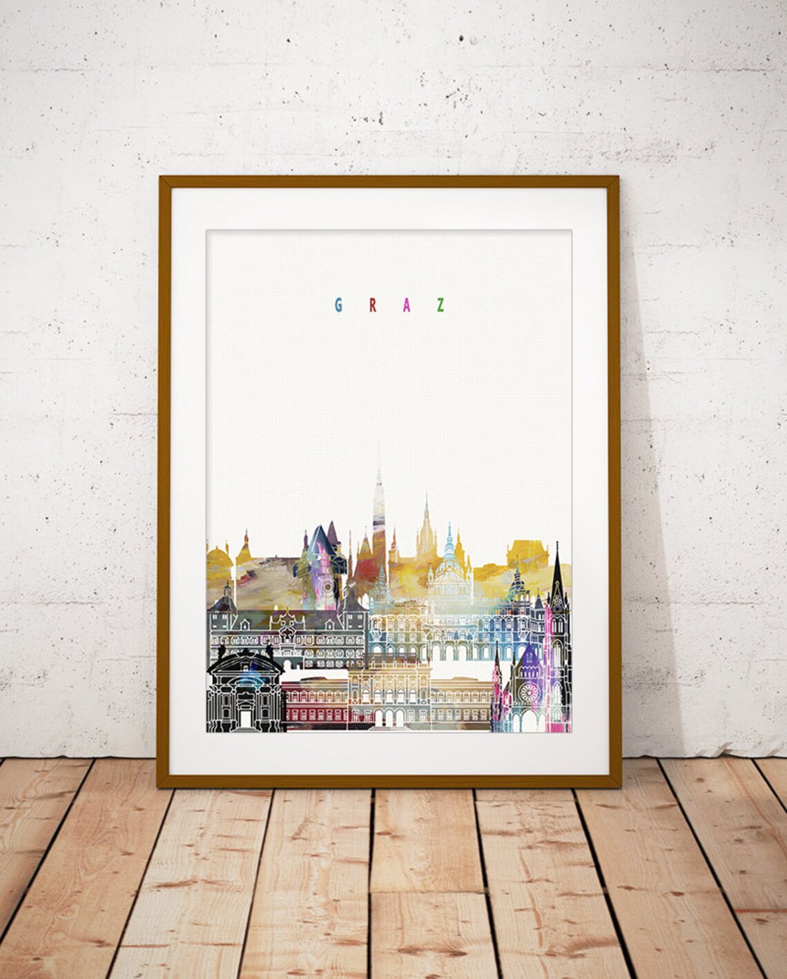 Graz Austria Colorful Watercolor City Skyline Landmarks Poster