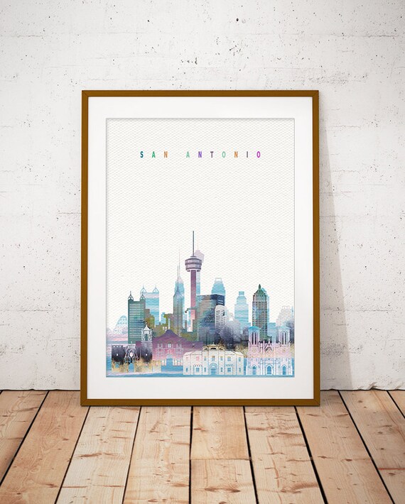 San Antonio Texas Tower Watercolor Skyline Art Modern Home Decor Poster