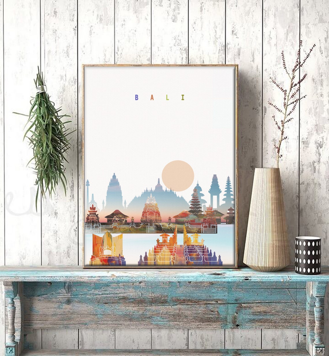 Bali Indonesia Temple Sunset Watercolor Skyline Travel Poster