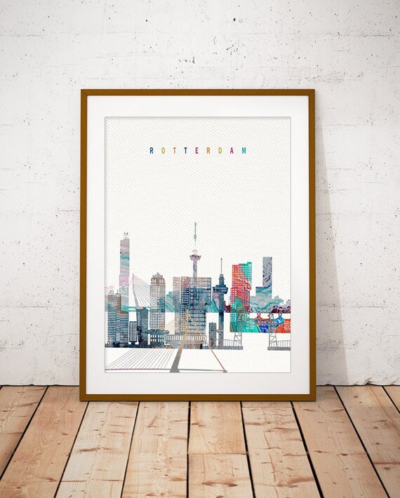 Rotterdam Netherlands Erasmus Bridge Watercolor Skyline Poster