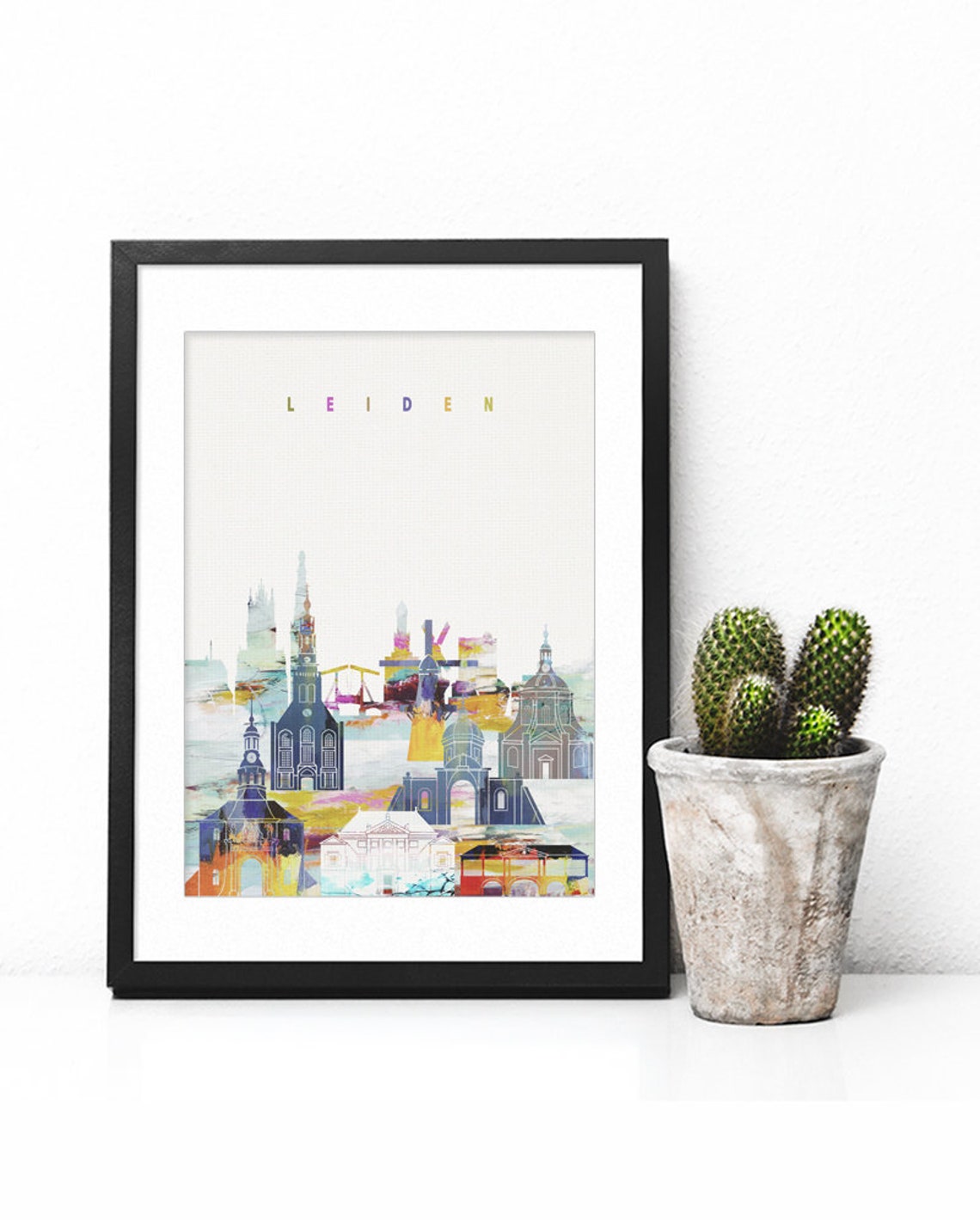 Leiden Netherlands Windmill Watercolor City Skyline Art Poster - Image 2