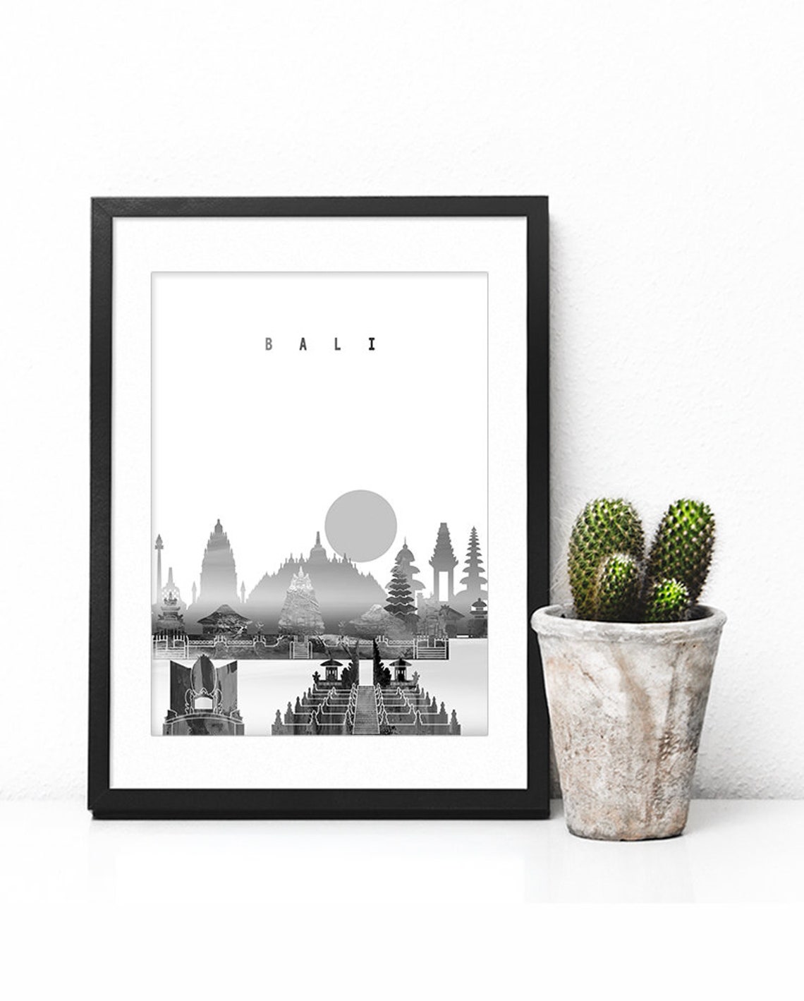 Bali Skyline Black And White Temple Island Sunset Art Poster - Image 2