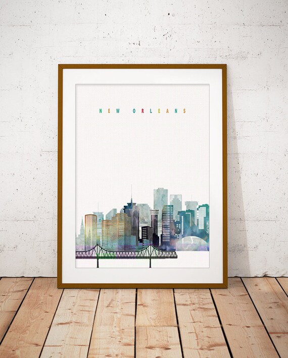 New Orleans Louisiana Watercolor Skyline Bridge Cityscape Poster