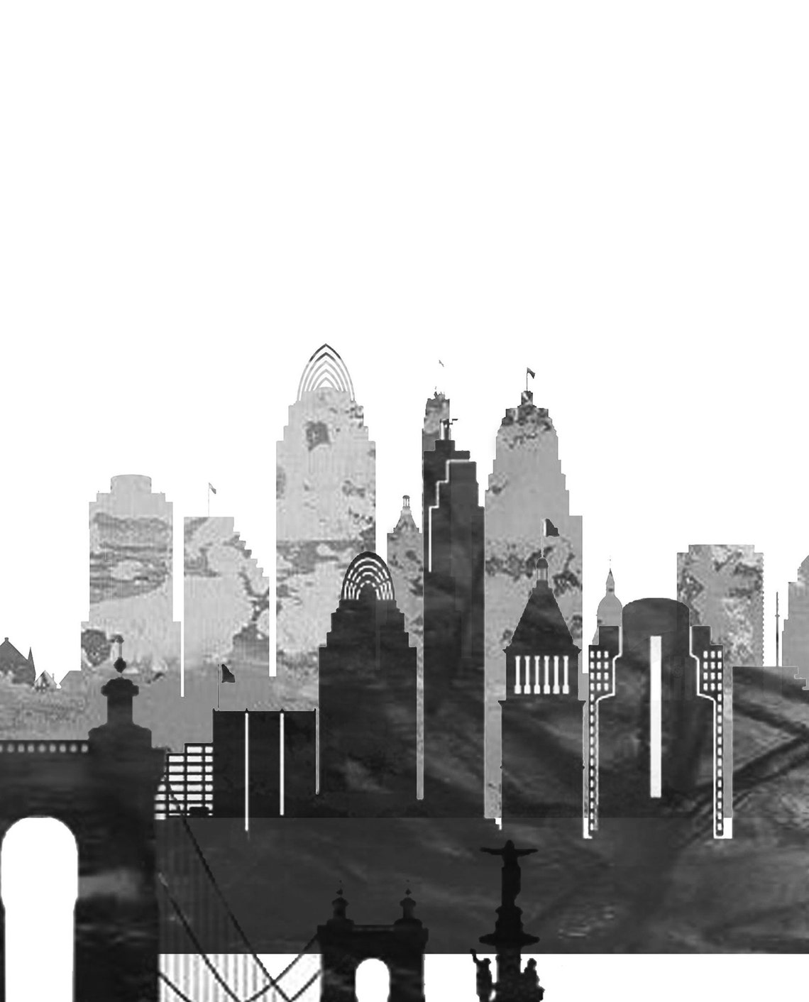 Cincinnati Monochrome Skyline Bridge Modern Home Wall Decor Poster - Image 2