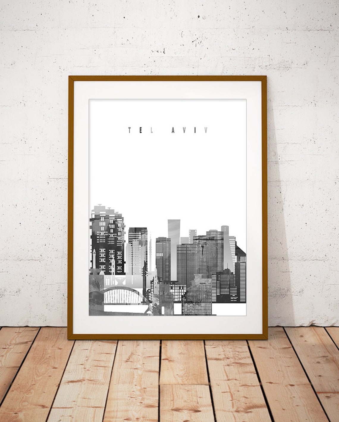 Tel Aviv Israel Black and White Watercolor City Skyline Poster Art