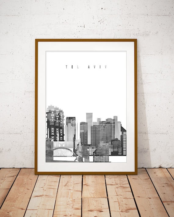 Tel Aviv Israel Black and White Watercolor City Skyline Poster Art
