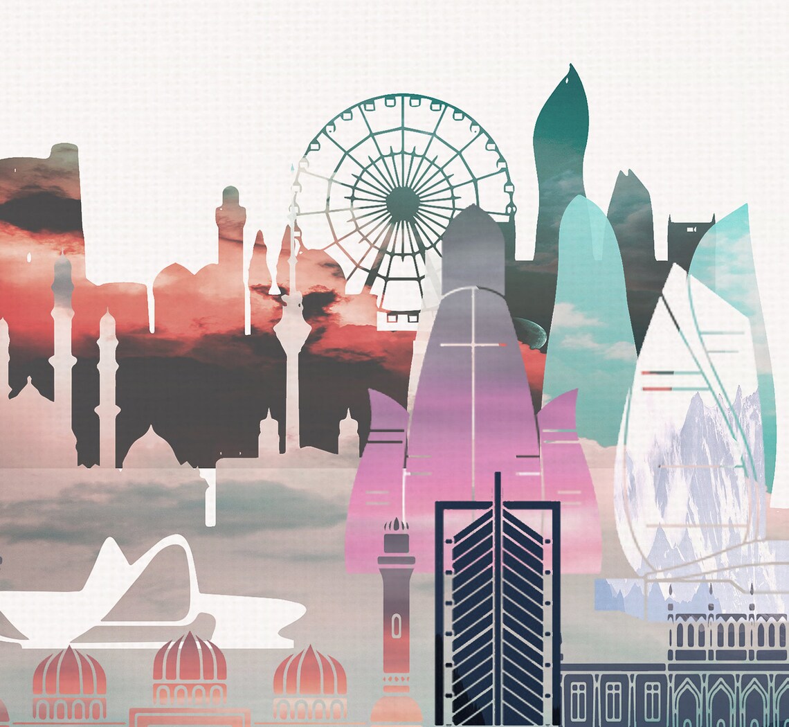 Baku Watercolor Skyline Flame Towers Modern Home Decor Poster - Image 2