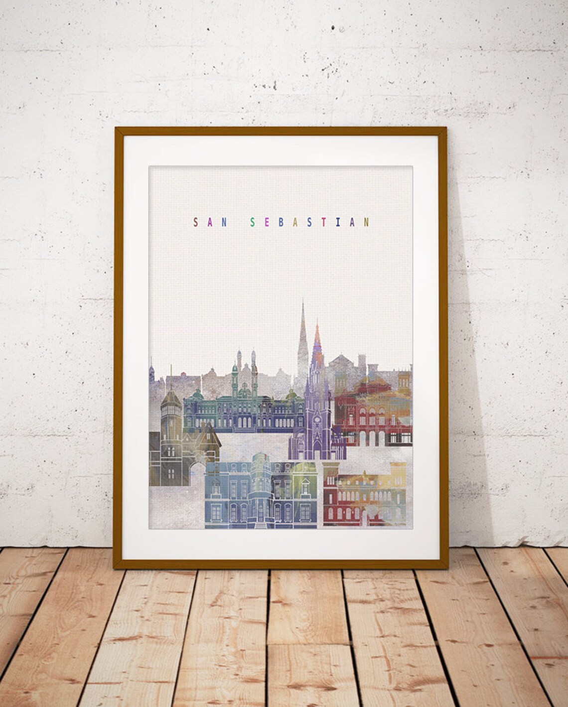 San Sebastian Spain Cathedral Watercolor Skyline Art Modern Home Decor Poster - Image 2