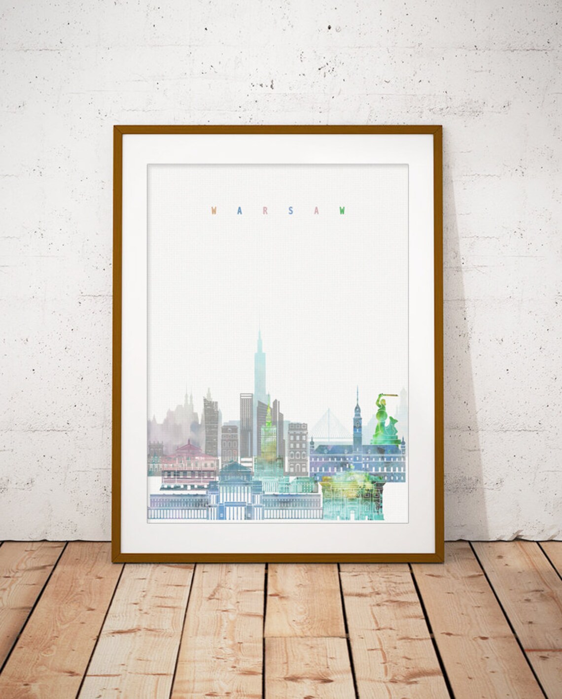 Warsaw Poland Watercolor Skyline Mermaid Landmarks Cityscape Poster - Image 2