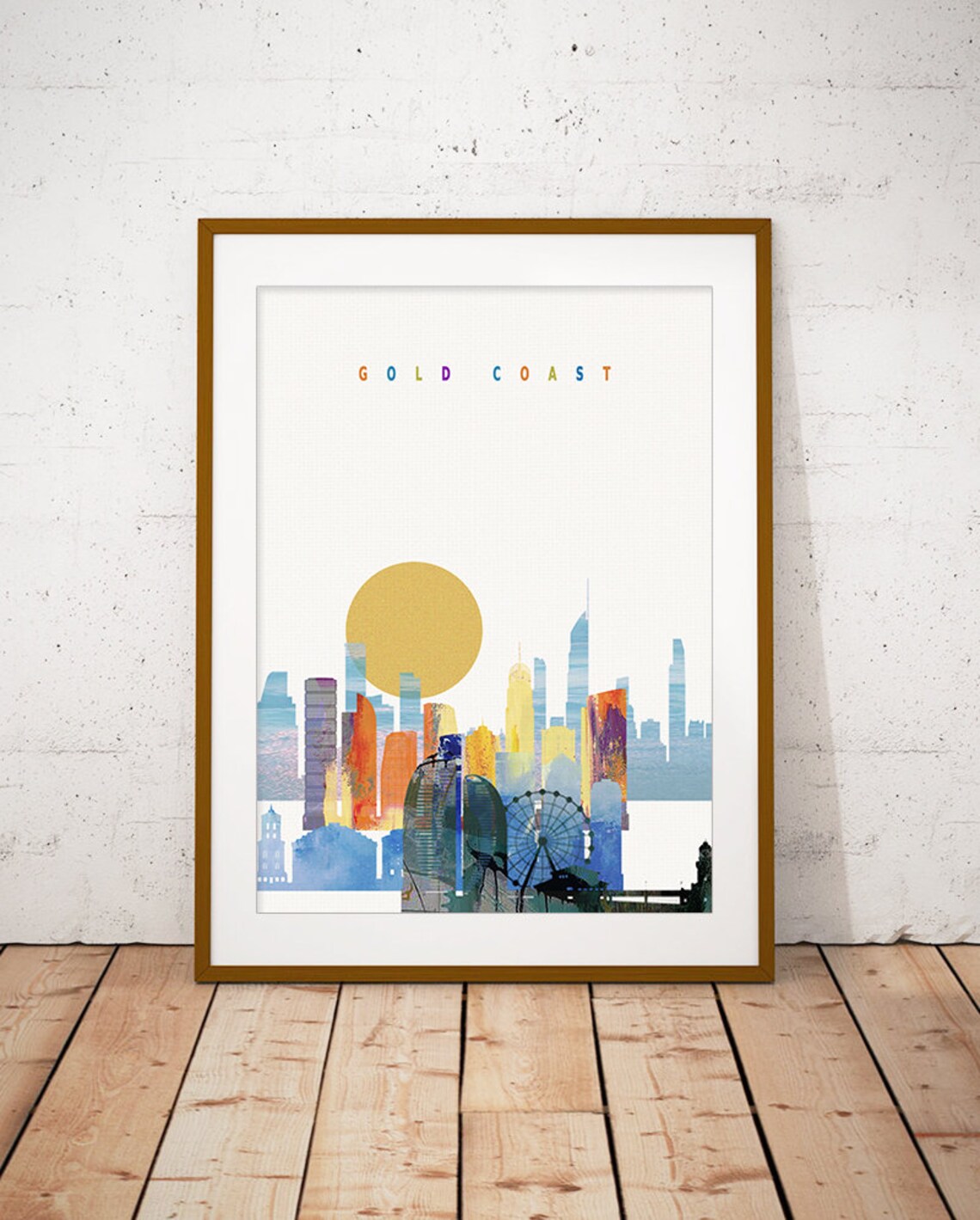 Gold Coast Australia Sunset Ferris Wheel Watercolor Poster Art