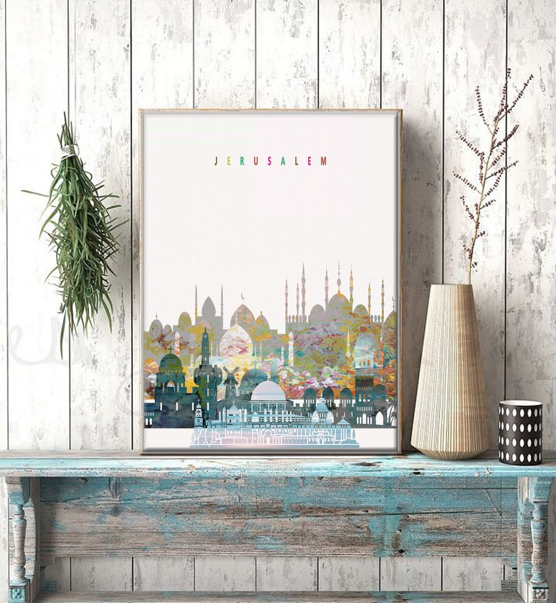 Jerusalem Watercolor City Skyline with Domes and Minarets Poster