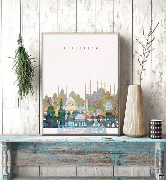 Jerusalem Watercolor City Skyline with Domes and Minarets Poster