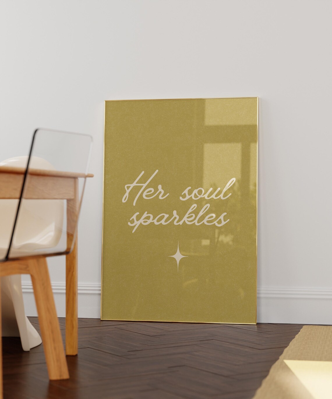 Her Soul Sparkles Poster Mustard Green Cream Script Minimalist Quote Decor