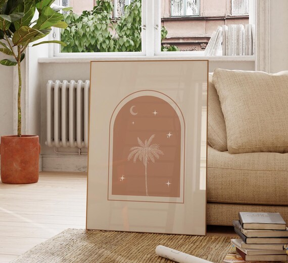 Terracotta Arch Palm Tree Moon Celestial Night Artwork Poster